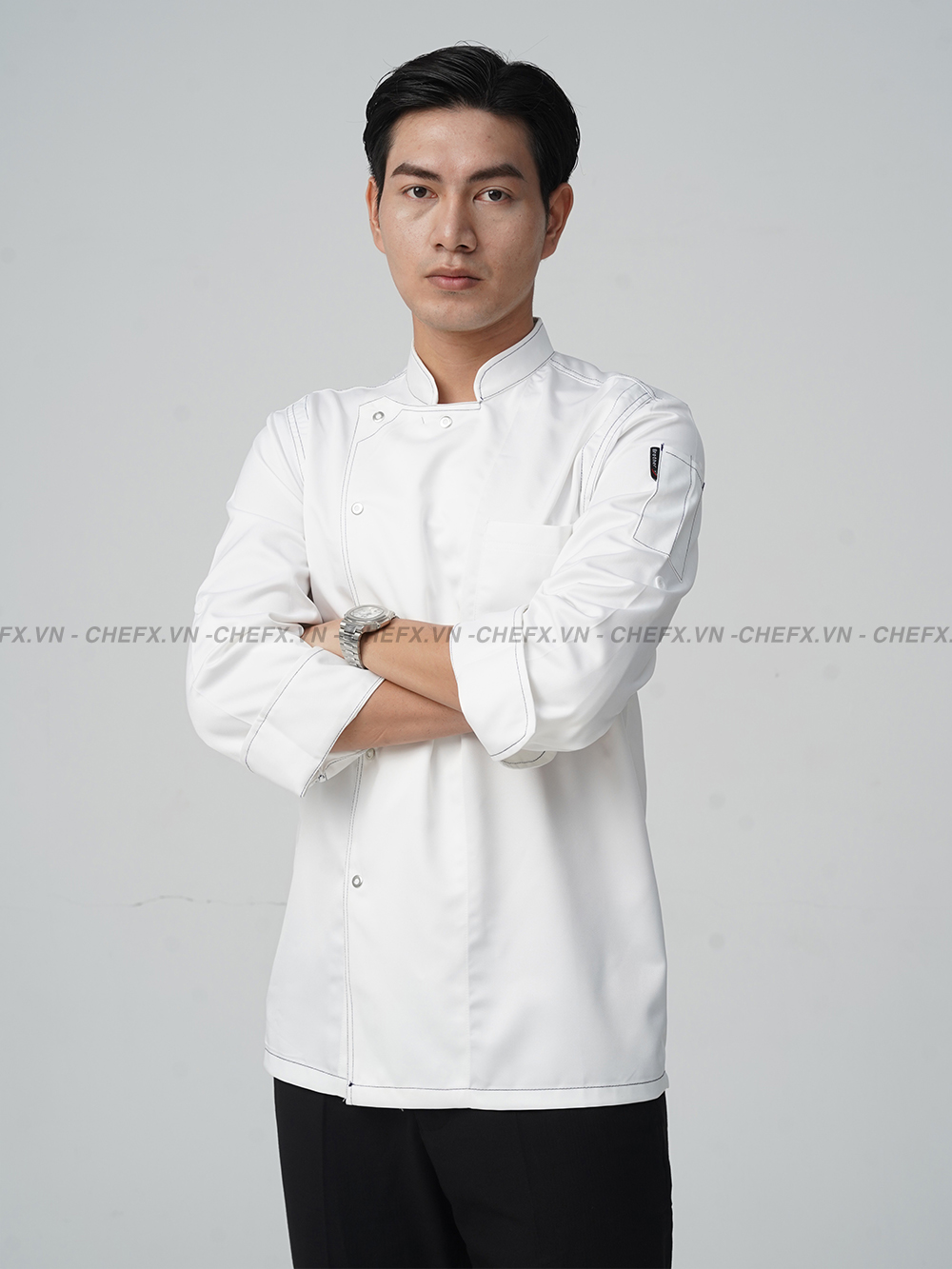 [TD02] ÁO BẾP DÀI TAY CÚC BẤM INOX VẢI KAKI LỤA - LONG SLEEVE CHEF JACKET TD02 WITH STAINLESS STEEL SNAP BUTTONS AND SILK KAKI FABRIC