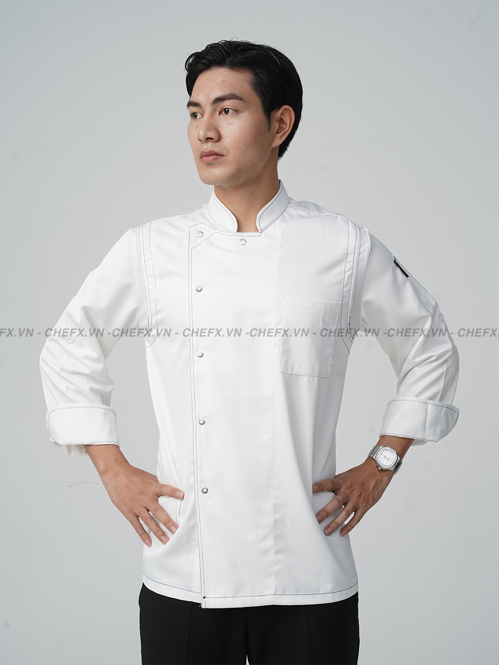 [TD02] ÁO BẾP DÀI TAY CÚC BẤM INOX VẢI KAKI LỤA - LONG SLEEVE CHEF JACKET TD02 WITH STAINLESS STEEL SNAP BUTTONS AND SILK KAKI FABRIC