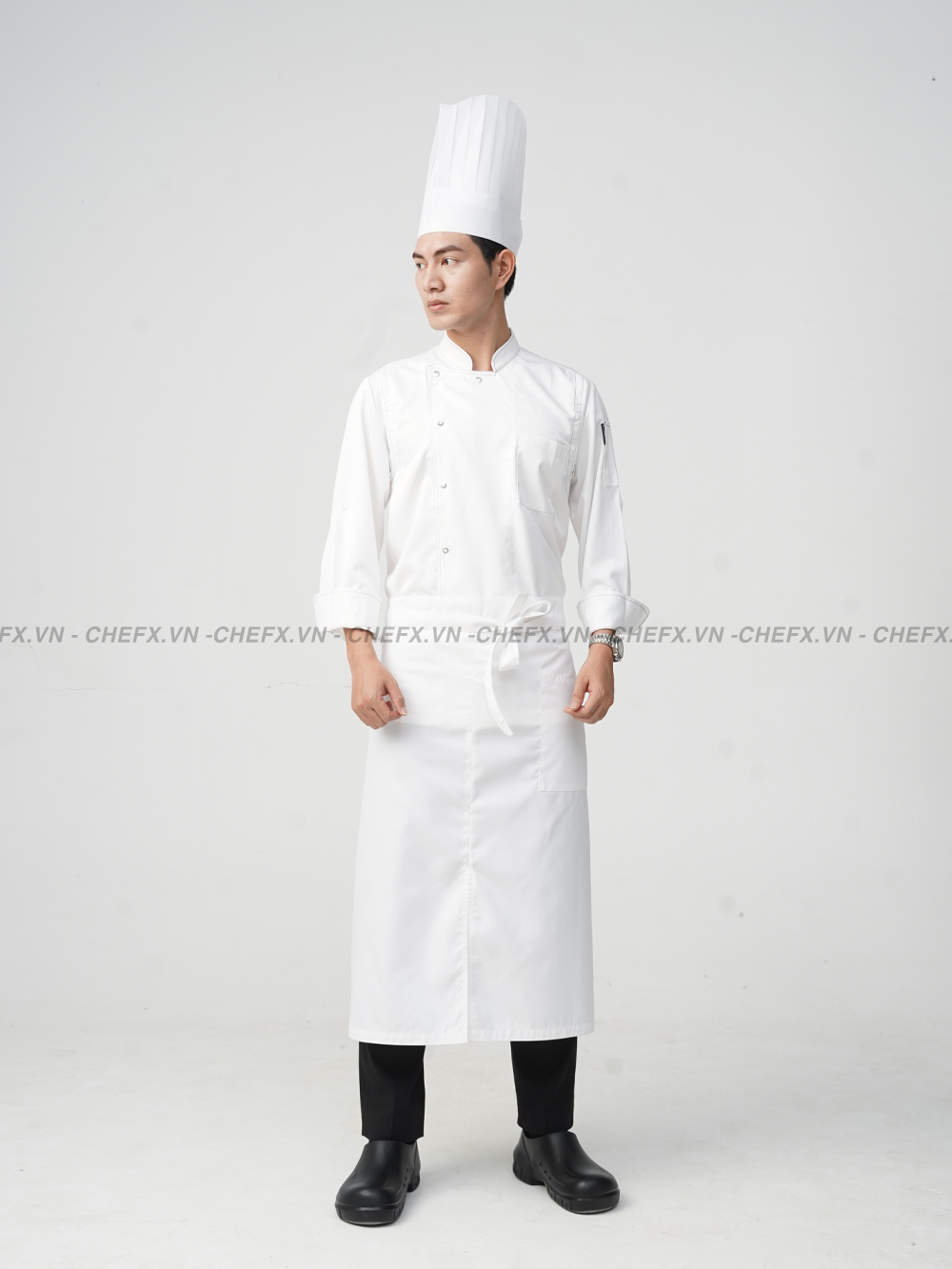 [TD02] ÁO BẾP DÀI TAY CÚC BẤM INOX VẢI KAKI LỤA - LONG SLEEVE CHEF JACKET TD02 WITH STAINLESS STEEL SNAP BUTTONS AND SILK KAKI FABRIC