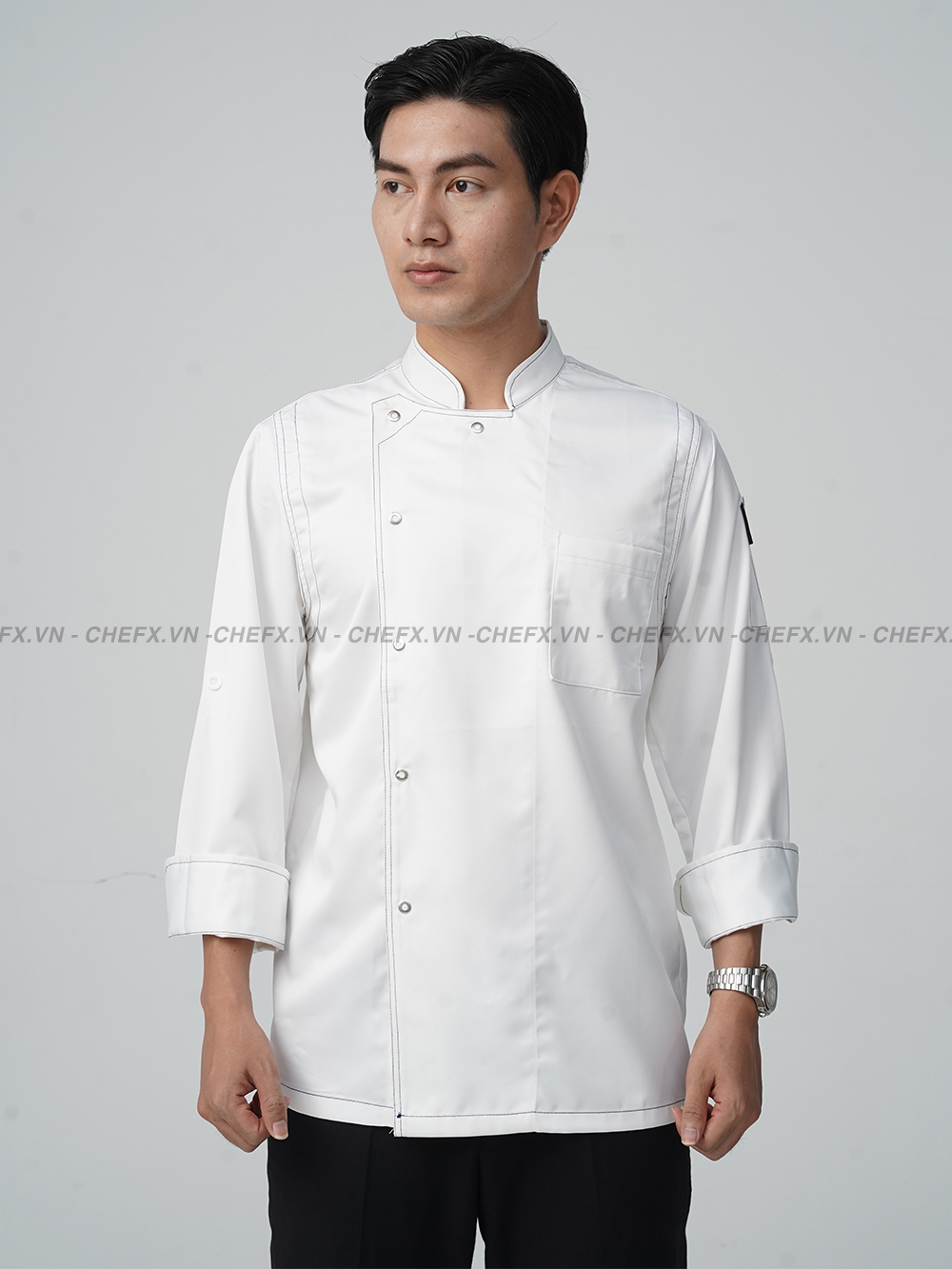 [TD02] ÁO BẾP DÀI TAY CÚC BẤM INOX VẢI KAKI LỤA - LONG SLEEVE CHEF JACKET TD02 WITH STAINLESS STEEL SNAP BUTTONS AND SILK KAKI FABRIC