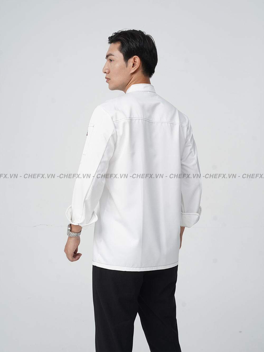 [TD02] ÁO BẾP DÀI TAY CÚC BẤM INOX VẢI KAKI LỤA - LONG SLEEVE CHEF JACKET TD02 WITH STAINLESS STEEL SNAP BUTTONS AND SILK KAKI FABRIC