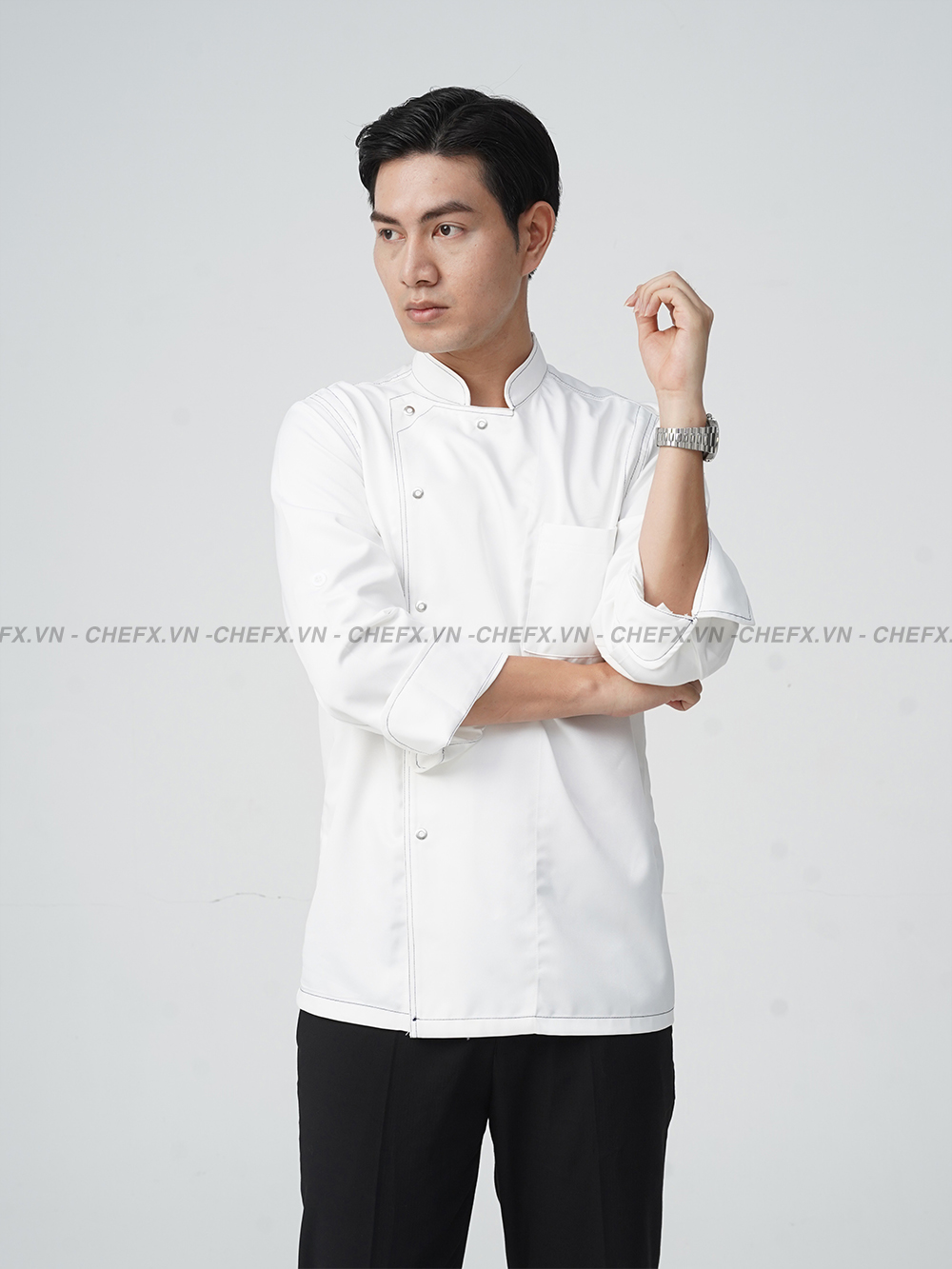 [TD02] ÁO BẾP DÀI TAY CÚC BẤM INOX VẢI KAKI LỤA - LONG SLEEVE CHEF JACKET TD02 WITH STAINLESS STEEL SNAP BUTTONS AND SILK KAKI FABRIC
