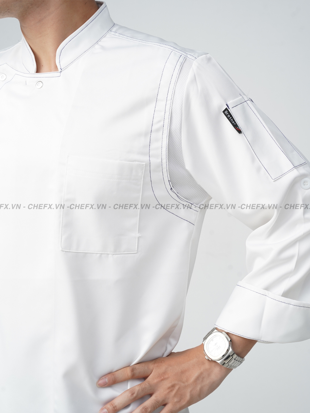 [TD02] ÁO BẾP DÀI TAY CÚC BẤM INOX VẢI KAKI LỤA - LONG SLEEVE CHEF JACKET TD02 WITH STAINLESS STEEL SNAP BUTTONS AND SILK KAKI FABRIC