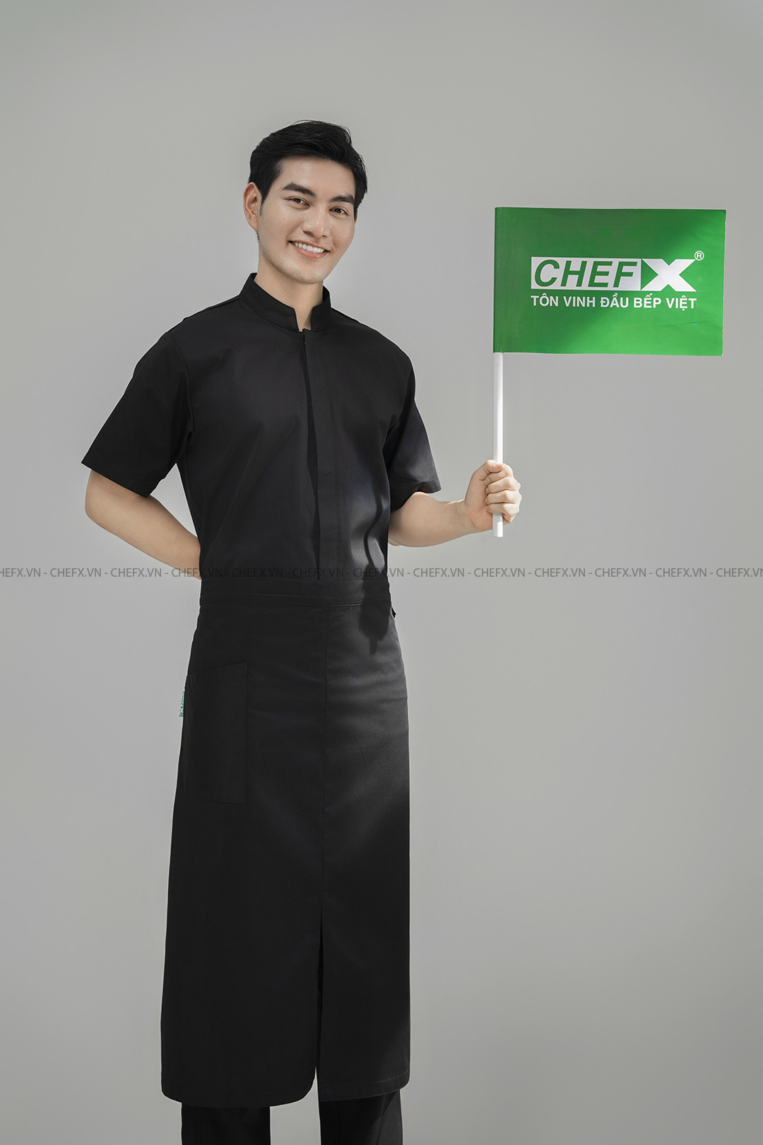 [CHEFX4] ÁO BẾP NGẮN TAY MÀU ĐEN CÚC BẤM CÓ PHỐI LƯỚI SAU LƯNG