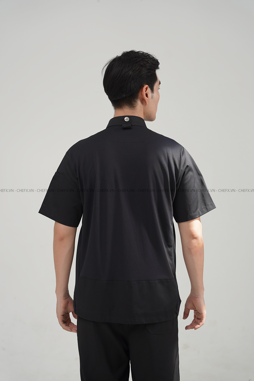 [CHEFX4] ÁO BẾP NGẮN TAY MÀU ĐEN CÚC BẤM CÓ PHỐI LƯỚI SAU LƯNG