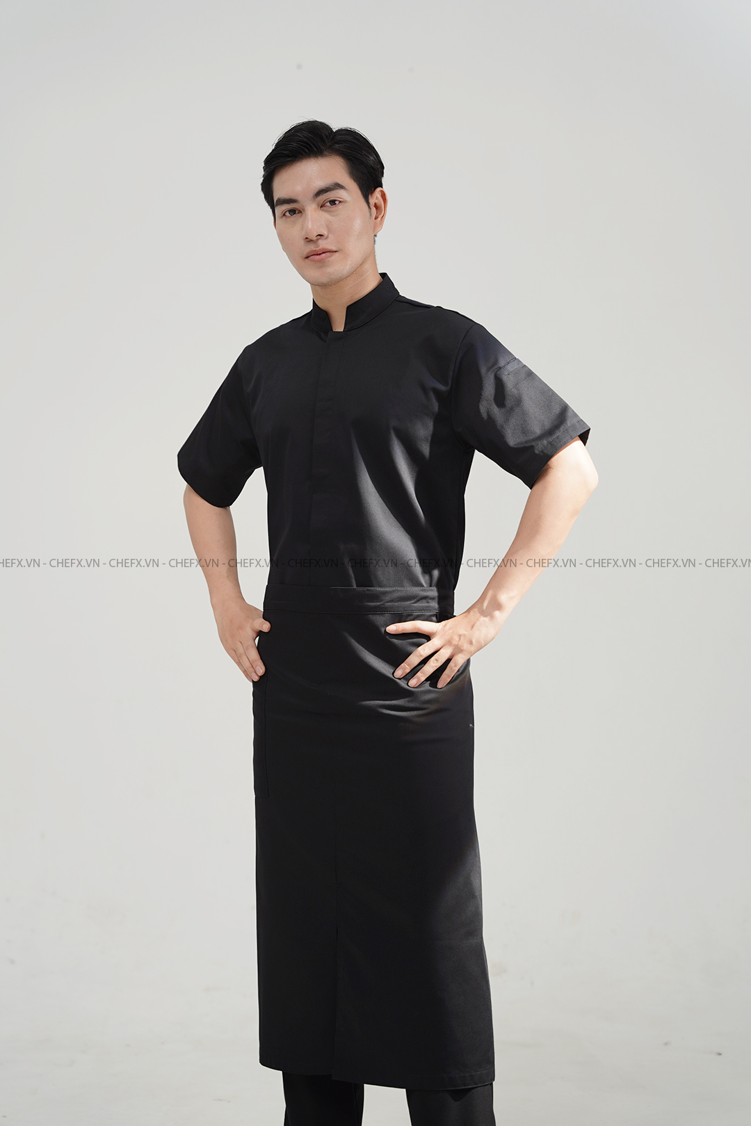 [CHEFX4] ÁO BẾP NGẮN TAY MÀU ĐEN CÚC BẤM CÓ PHỐI LƯỚI SAU LƯNG