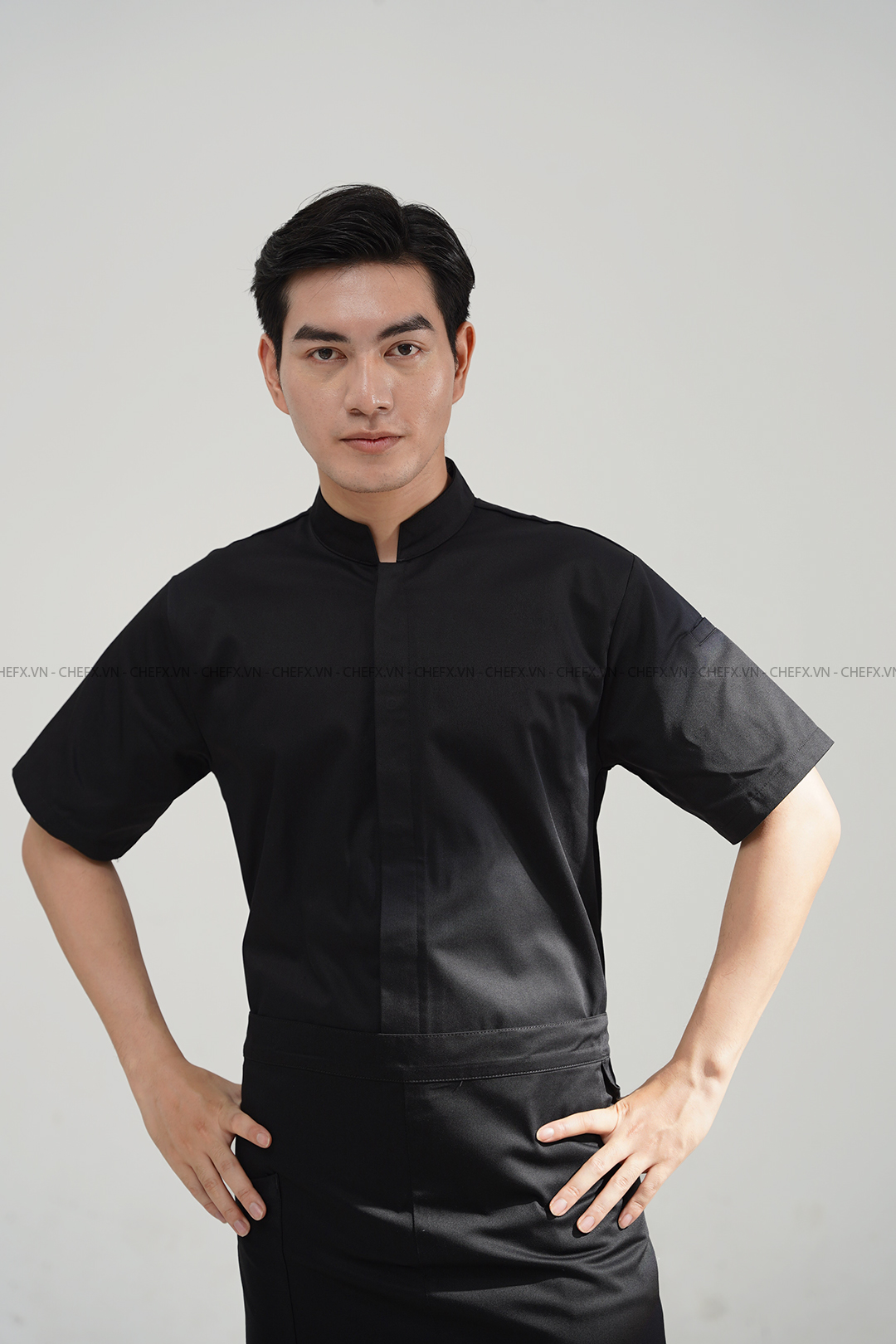 [CHEFX4] ÁO BẾP NGẮN TAY MÀU ĐEN CÚC BẤM CÓ PHỐI LƯỚI SAU LƯNG