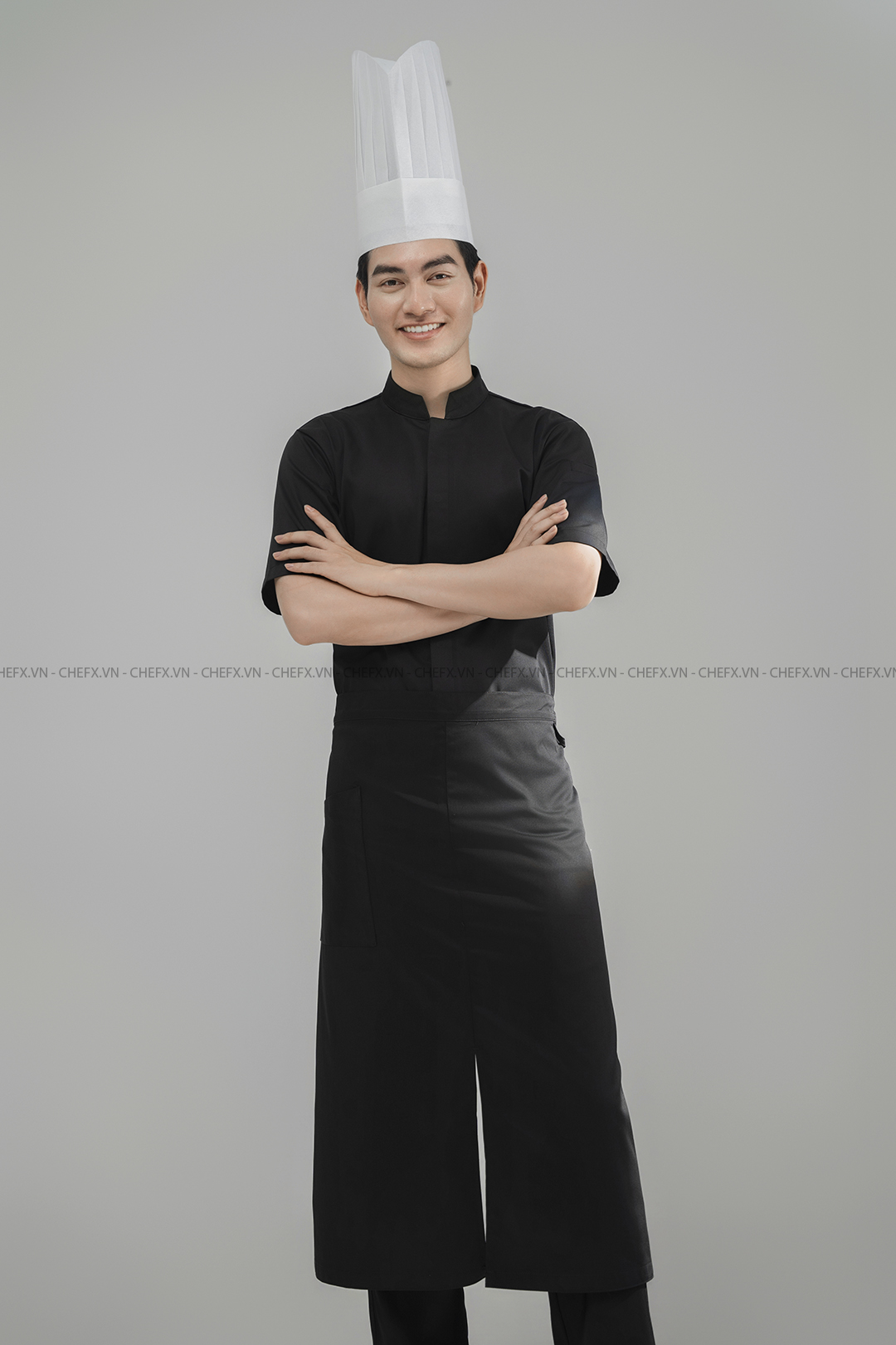 [CHEFX4] ÁO BẾP NGẮN TAY MÀU ĐEN CÚC BẤM CÓ PHỐI LƯỚI SAU LƯNG