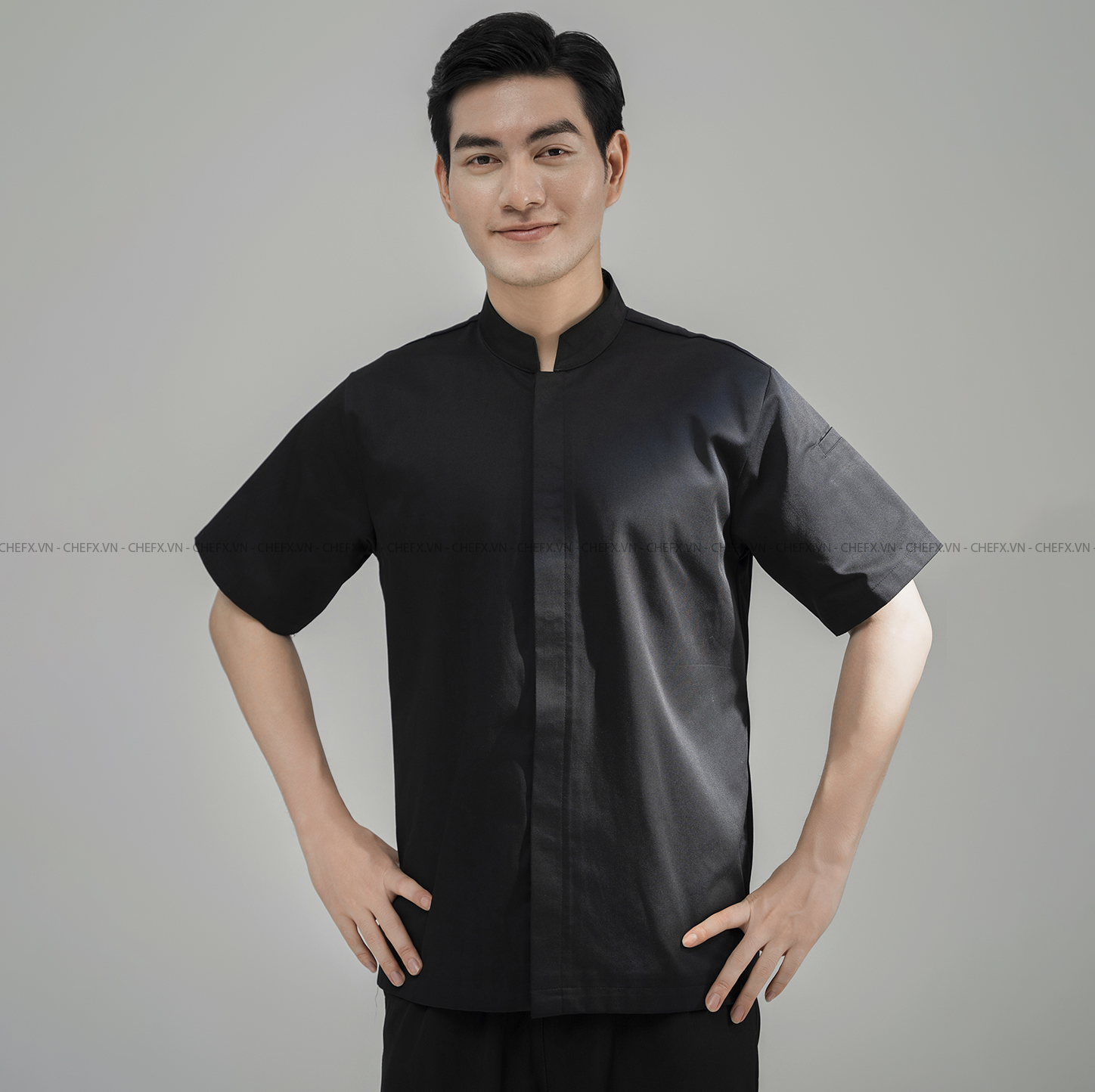 [CHEFX4] ÁO BẾP NGẮN TAY MÀU ĐEN CÚC BẤM CÓ PHỐI LƯỚI SAU LƯNG