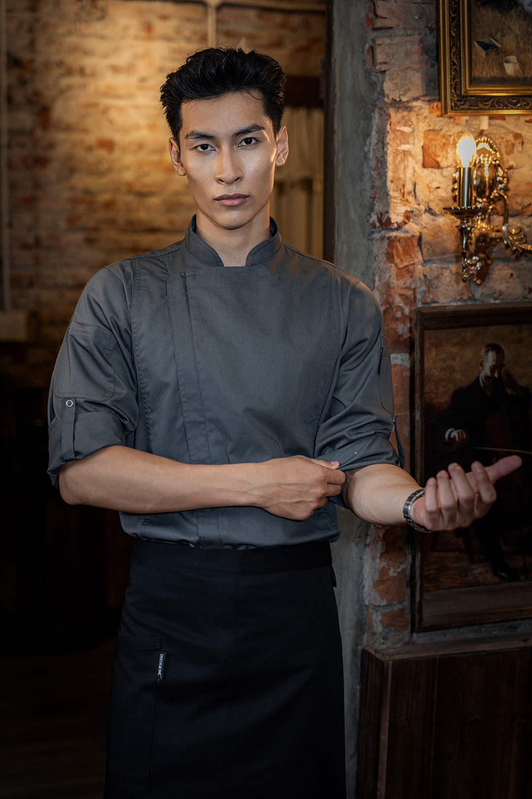 [CHEFX2] ÁO BẾP DÀI TAY CHEFX2  MÀU GHI CÓ PHỐI LƯỚI - LONG SLEEVE CHEFX2 CHEF JACKET WITH MESH DETAIL AND ZIPPER