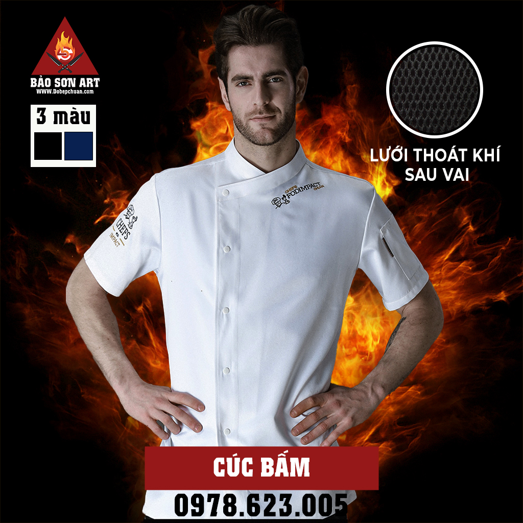 [CT04] ÁO BẾP NGẮN TAY MÀU TRẮNG VẢI KAKI LỤA - SHORT SLEEVE WHITE CHEF JACKET IN SILK KAKI FABRIC