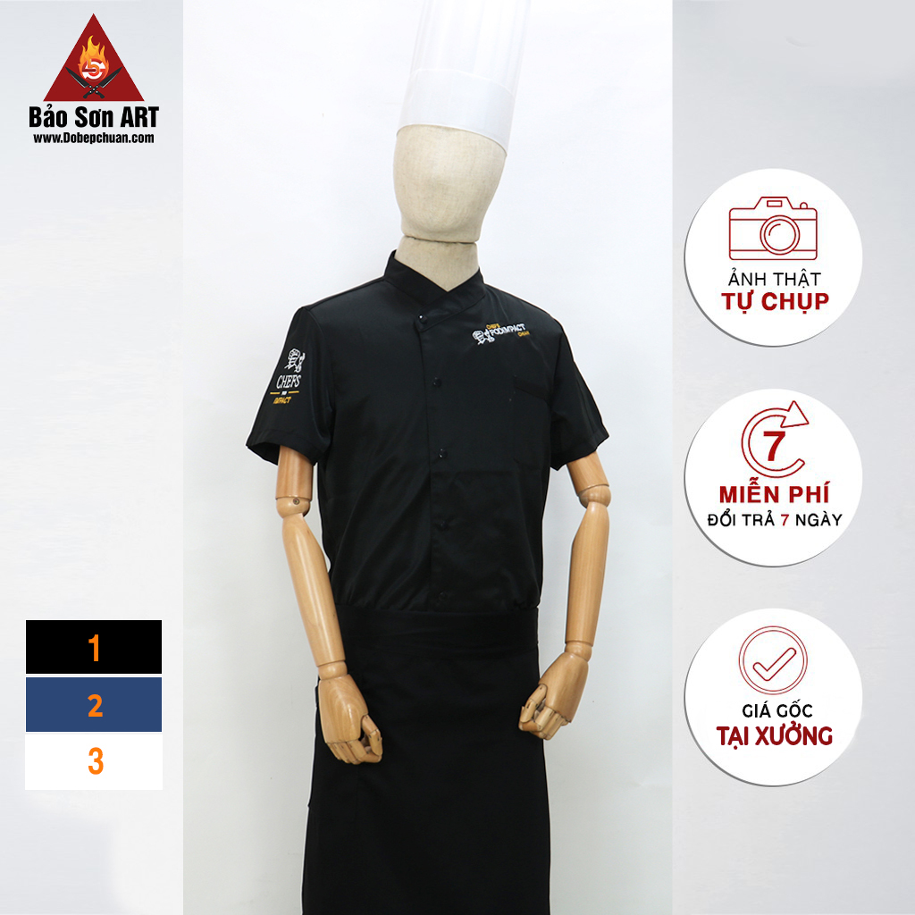 [CT04] ÁO BẾP NGẮN TAY MÀU ĐEN VẢI KAKI LỤA - SHORT SLEEVE BLACK CHEF JACKET IN SILK KAKI FABRIC