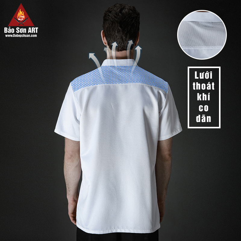 [CT04] ÁO BẾP NGẮN TAY MÀU TRẮNG VẢI KAKI LỤA - SHORT SLEEVE WHITE CHEF JACKET IN SILK KAKI FABRIC
