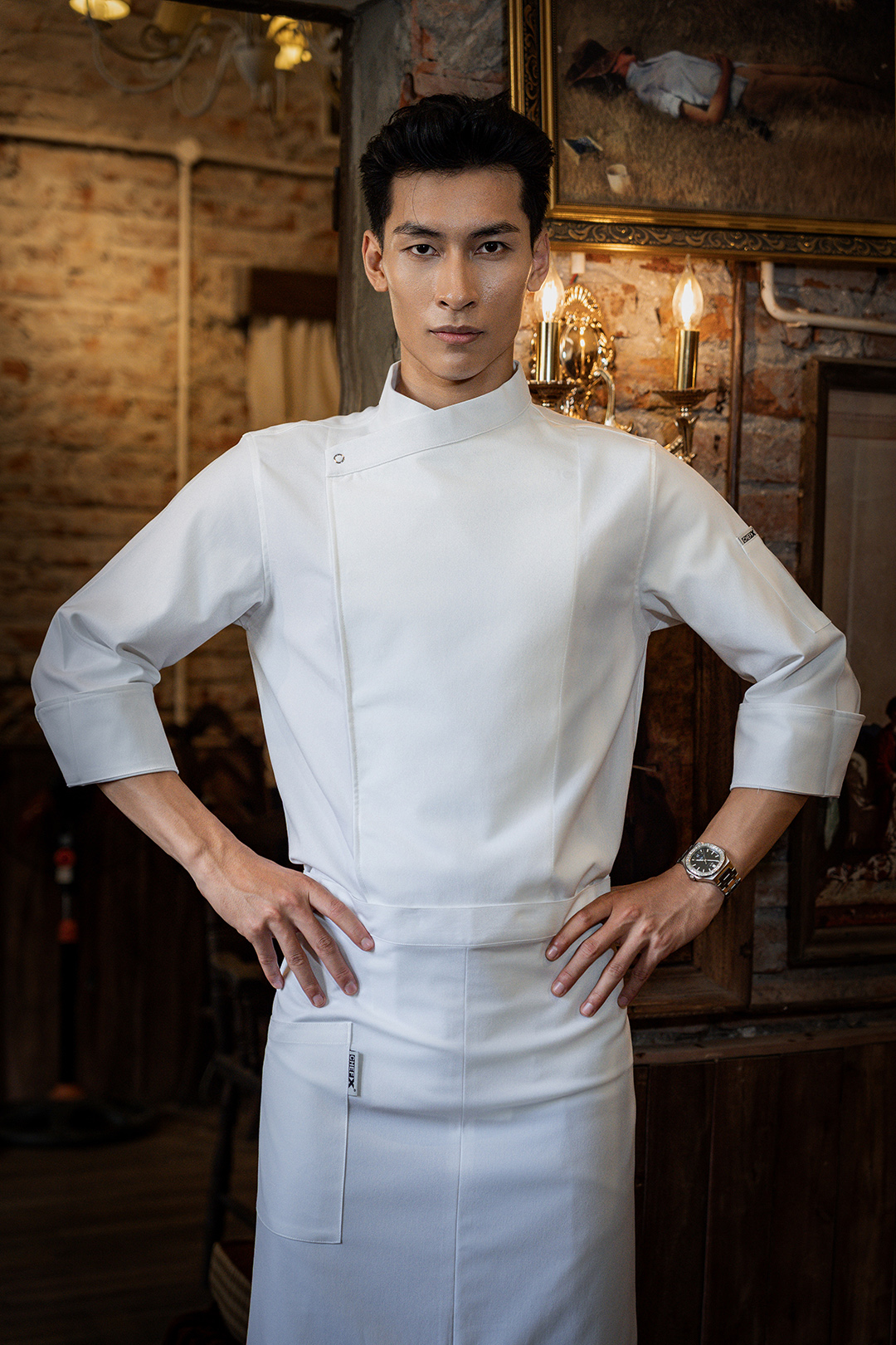 [CHEFX14] ÁO BẾP DÀI TAY CÚC BẤM MÀU TRẮNG CÓ PHỐI LƯỚI CO DÃN SAU LƯNG – WHITE LONG-SLEEVE CHEF JACKET WITH SNAP BUTTONS AND STRETCH MESH BACK PANEL