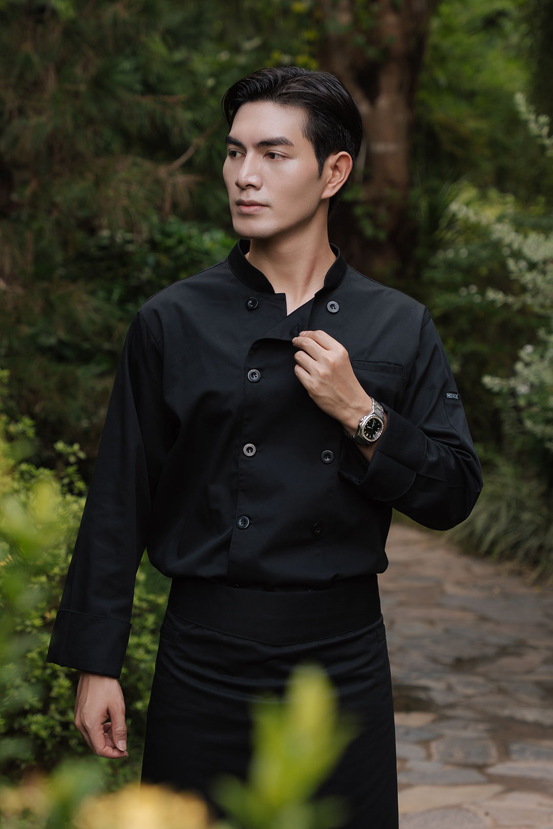 [CHEFX17] Áo Bếp dài tay cổ tàu, cúc cài, không phối lưới - CHEF X Kitchen Uniform