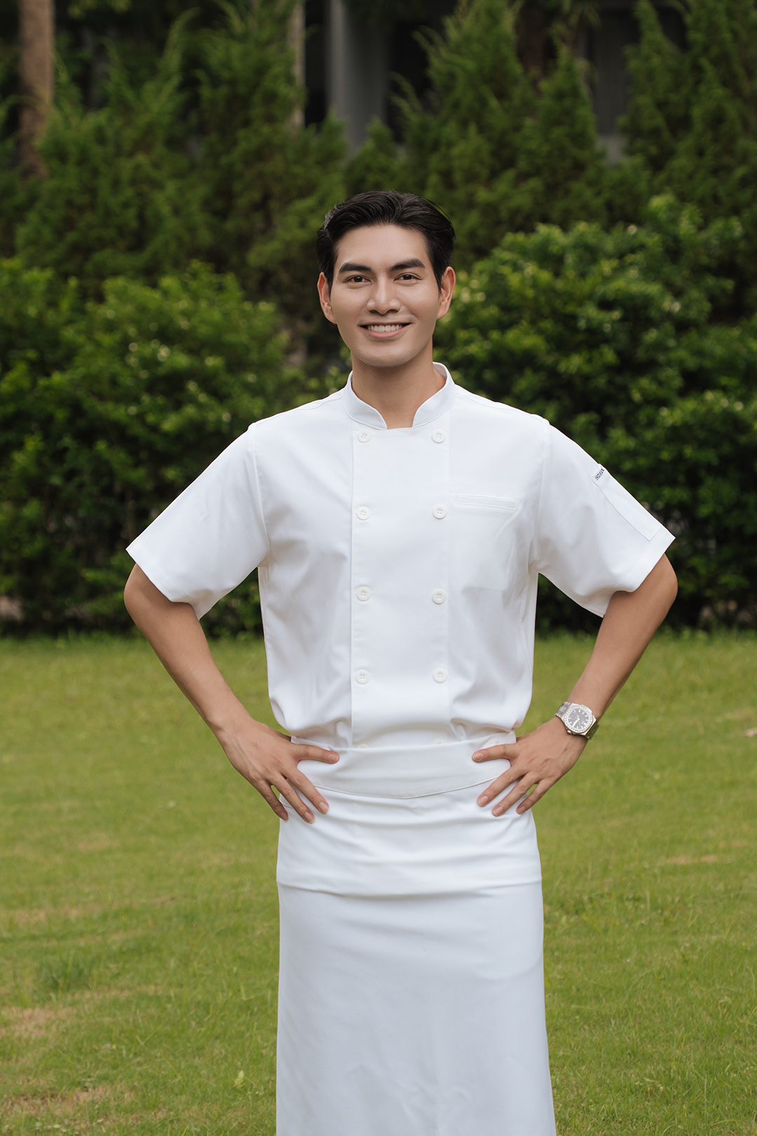 [CHEFX16] Áo Bếp ngắn tay cổ tàu, cúc cài, không phối lưới - CHEF X Kitchen Uniform