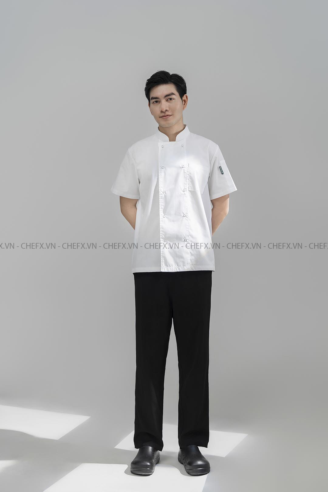 [CT02]ÁO BẾP NGẮN TAY MÀU TRẮNG CT02 CÓ LƯỚI THOÁT KHÍ SAU LƯNG - SHORT SLEEVE WHITE CHEF JACKET WITH MESH PANEL CT02