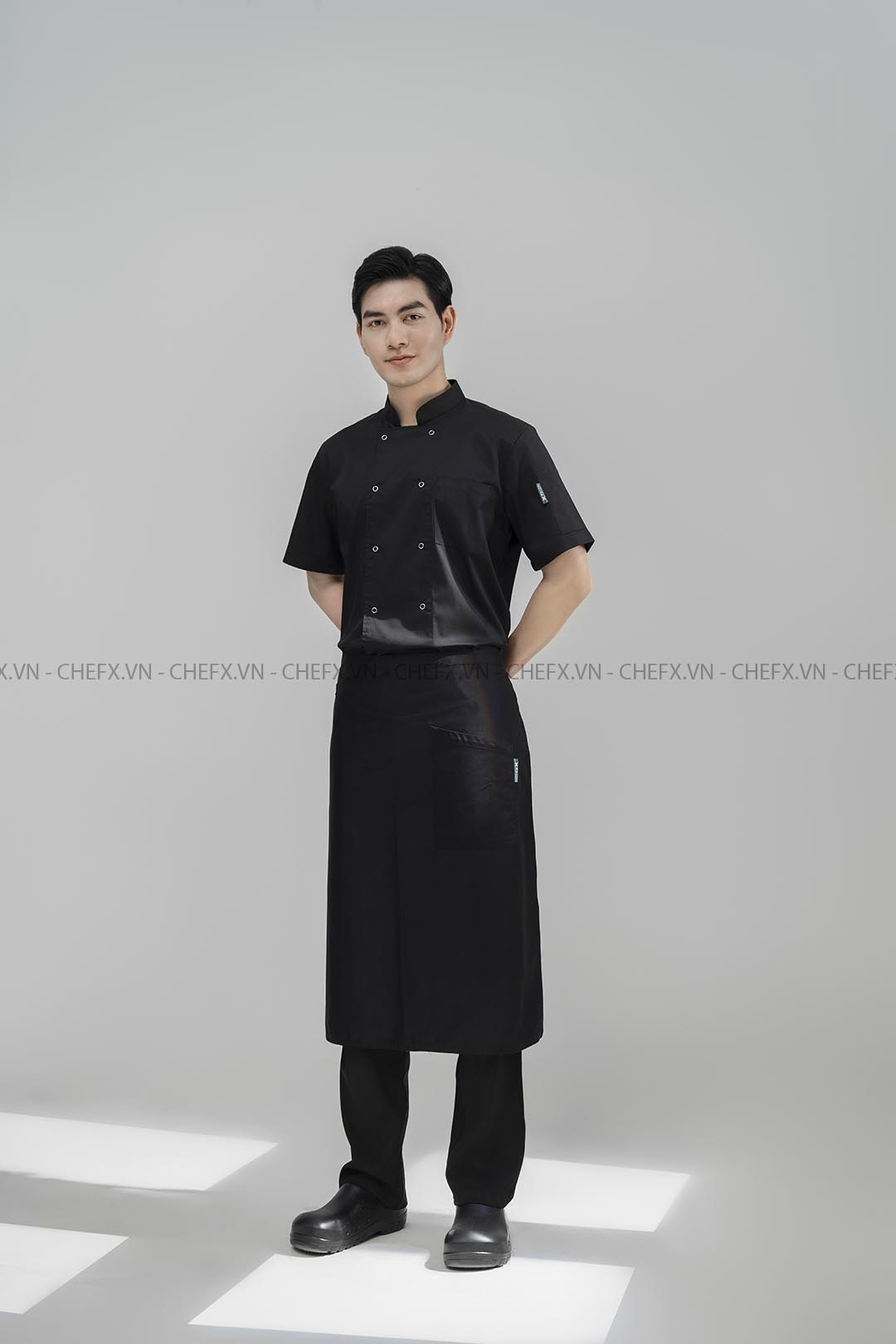 [CT02] ÁO BẾP NGẮN TAY MÀU ĐEN CT02 CÓ LƯỚI THOÁT KHÍ SAU LƯNG - SHORT SLEEVE BLACK CHEF JACKET WITH MESH PANEL CT02