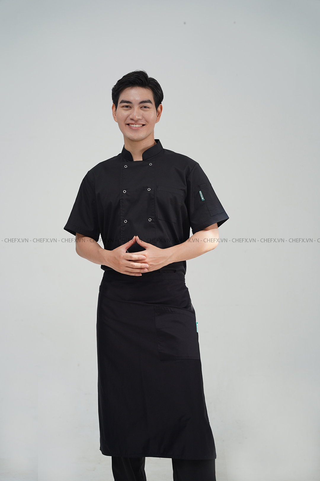 [CT02] ÁO BẾP NGẮN TAY MÀU ĐEN CT02 CÓ LƯỚI THOÁT KHÍ SAU LƯNG - SHORT SLEEVE BLACK CHEF JACKET WITH MESH PANEL CT02