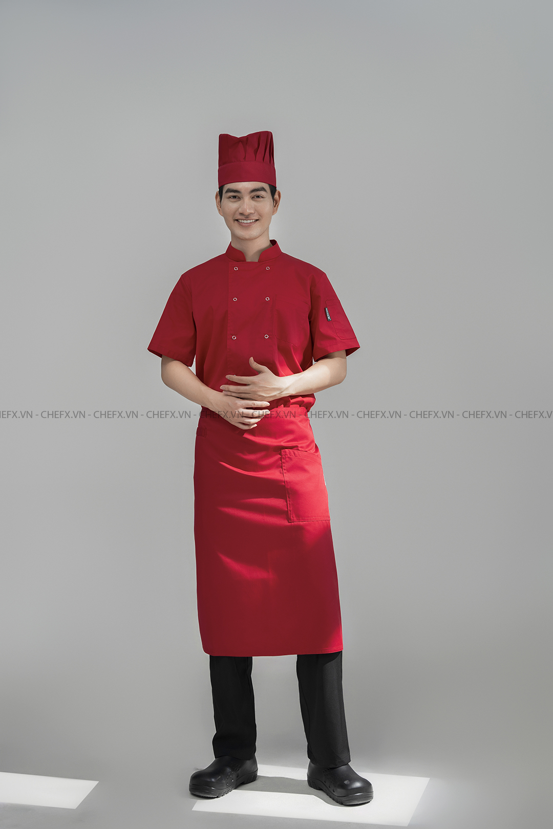 [CT02] ÁO BẾP NGẮN TAY MÀU ĐỎ CT02 CÓ LƯỚI THOÁT KHÍ SAU LƯNG - SHORT SLEEVE RED CHEF JACKET WITH MESH PANEL CT02