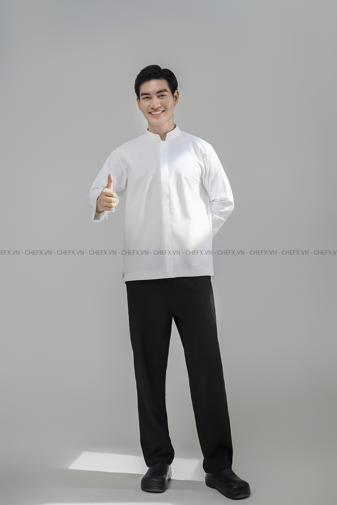 [CHEFX3 - A2] ÁO BẾP DÀI TAY MÀU TRẮNG CÚC BẤM CÓ PHỐI LƯỚI SAU LƯNG - [CHEFX3 - A2LONG SLEEVE CHEF JACKET WITH SNAP BUTTONS AND MESH BACK DETAIL