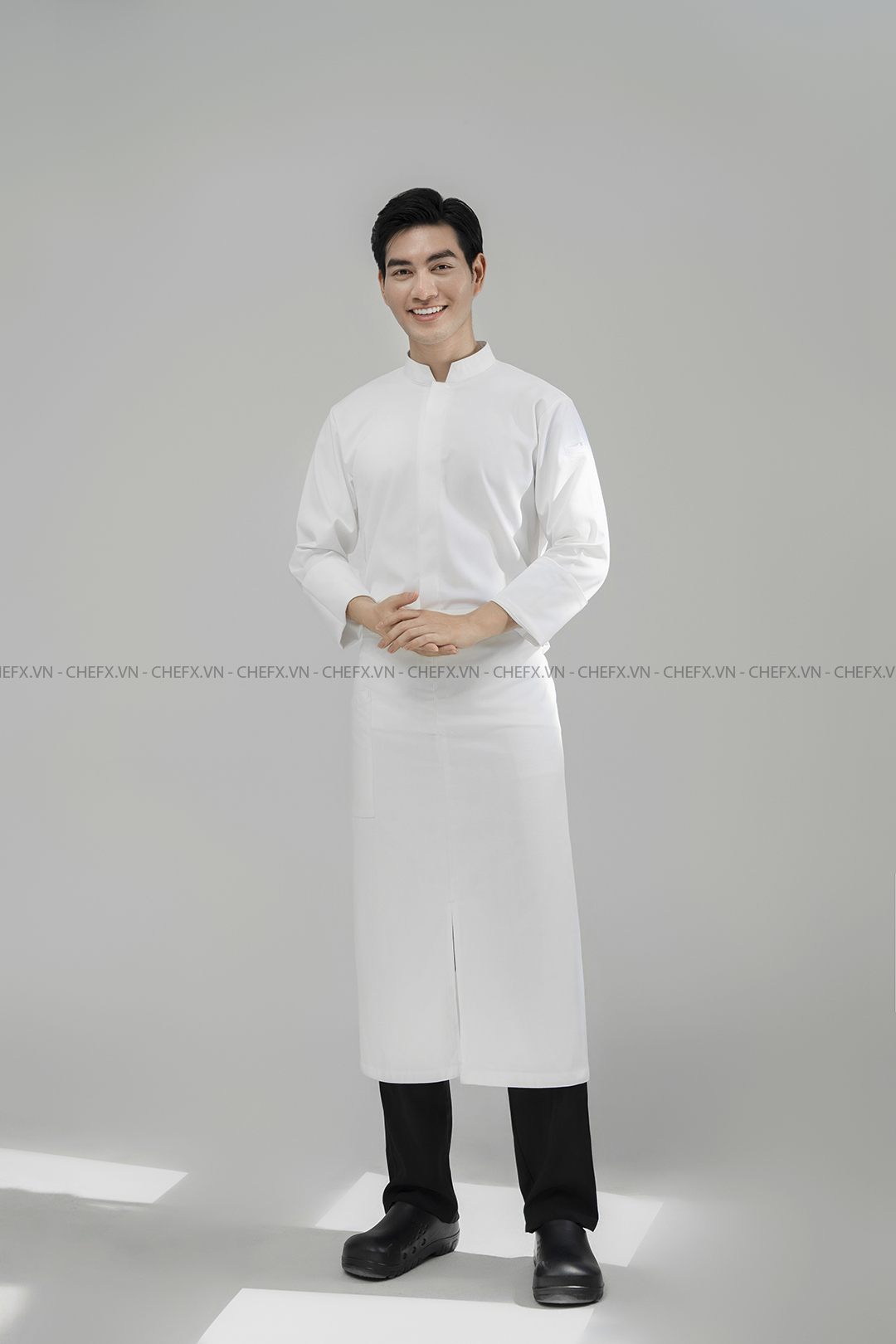 [CHEFX3 - A2] ÁO BẾP DÀI TAY MÀU TRẮNG CÚC BẤM CÓ PHỐI LƯỚI SAU LƯNG - [CHEFX3 - A2LONG SLEEVE CHEF JACKET WITH SNAP BUTTONS AND MESH BACK DETAIL