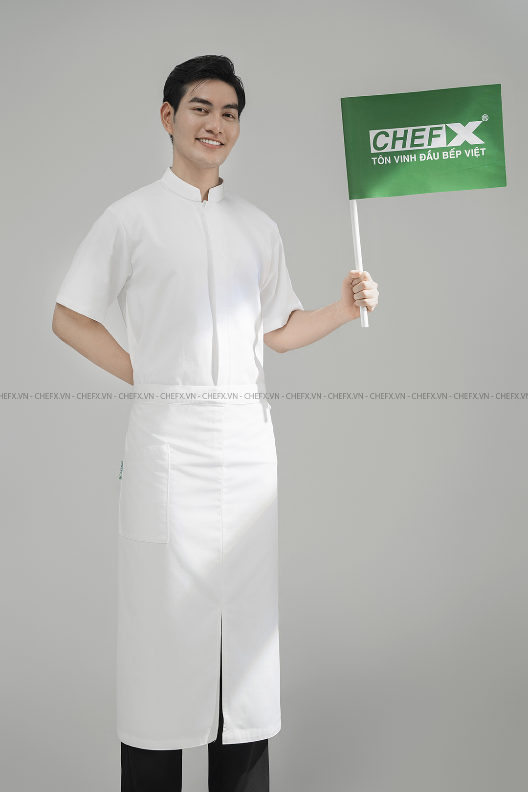[CHEFX4] ÁO BẾP NGẮN TAY CÚC BẤM MÀU TRẮNG CÓ PHỐI LƯỚI SAU LƯNG - WHITE SHORT-SLEEVE CHEF JACKET WITH SNAP BUTTONS & BREATHABLE MESH BACK PANEL