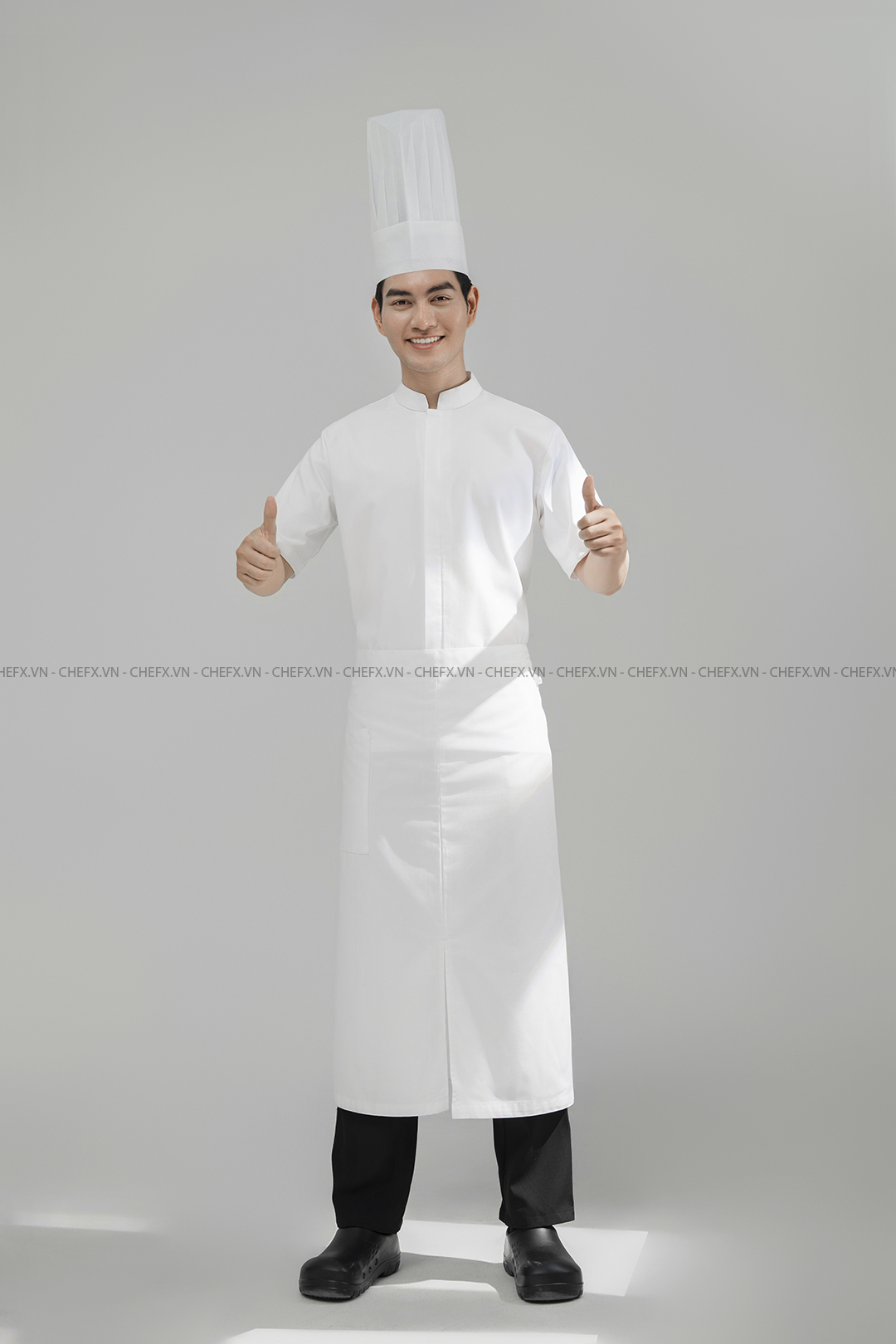 [CHEFX4] ÁO BẾP NGẮN TAY CÚC BẤM MÀU TRẮNG CÓ PHỐI LƯỚI SAU LƯNG - WHITE SHORT-SLEEVE CHEF JACKET WITH SNAP BUTTONS & BREATHABLE MESH BACK PANEL