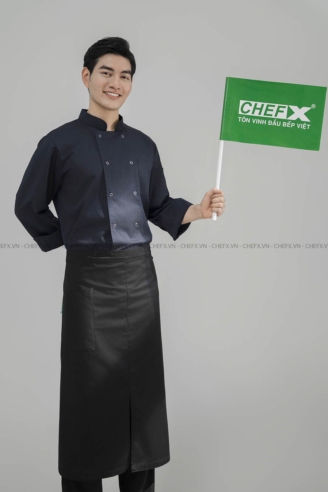 [CHEFX5] ÁO BẾP DÀI TAY CÚC BẤM MÀU NAVI CÓ PHỐI LƯỚI CO DÃN SAU LƯNG - [CHEFX5] Long sleeve Chef Jacket with Button Closure and Stretch Mesh Back Panel