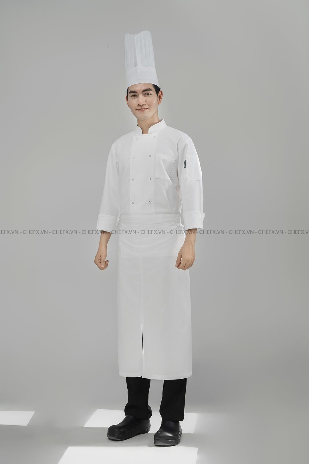 [CHEFX5] ÁO BẾP DÀI TAY CÚC BẤM MÀU ĐEN CÓ PHỐI LƯỚI CO DÃN SAU LƯNG - [CHEFX5] Long sleeve Chef Jacket with Button Closure and Stretch Mesh Back Panel