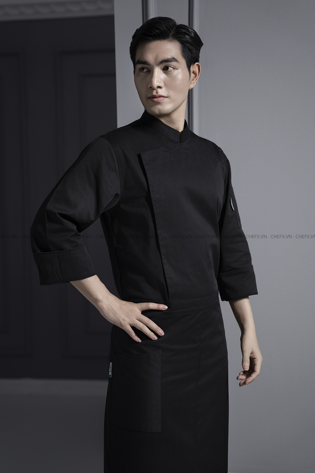 [BT01] ÁO BẾP TRƯỞNG DÀI TAY MÀU ĐEN CÚC BẤM - LONG SLEEVE EXCUTIVE CHEF JACKET BT01 WITH SNAP BUTTONS