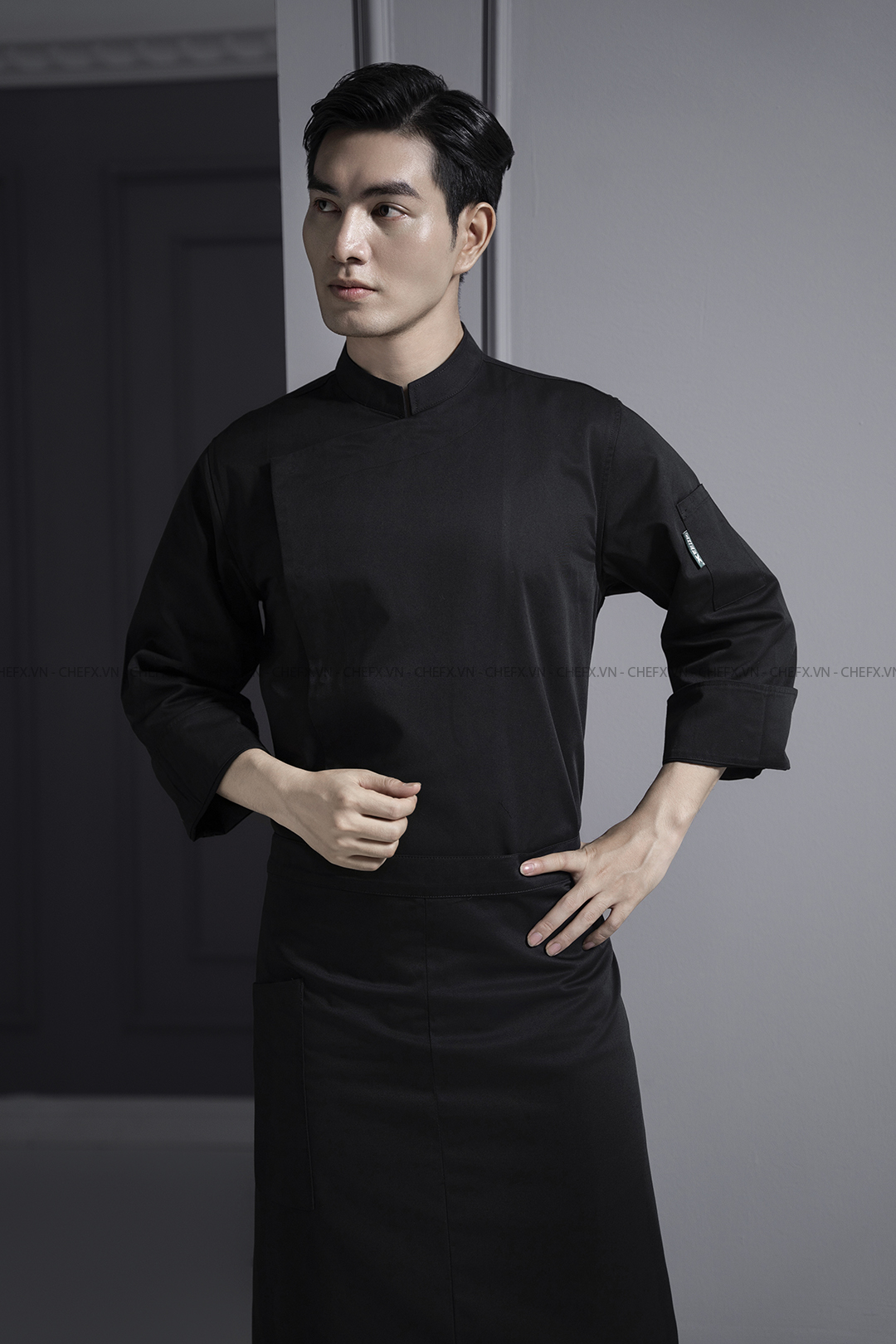 [BT01] ÁO BẾP TRƯỞNG DÀI TAY MÀU ĐEN CÚC BẤM - LONG SLEEVE EXCUTIVE CHEF JACKET BT01 WITH SNAP BUTTONS