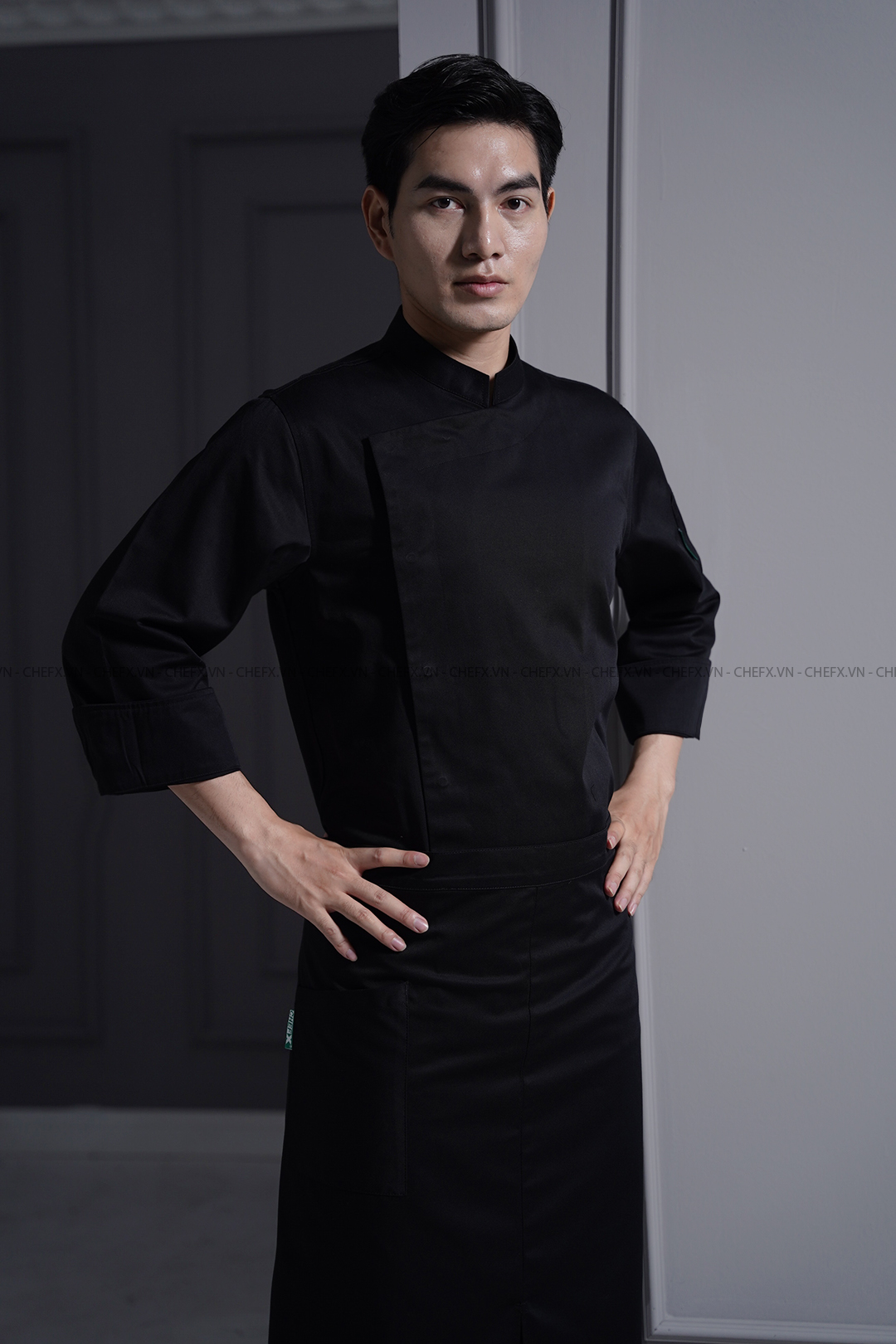 [BT01] ÁO BẾP TRƯỞNG DÀI TAY MÀU ĐEN CÚC BẤM - LONG SLEEVE EXCUTIVE CHEF JACKET BT01 WITH SNAP BUTTONS