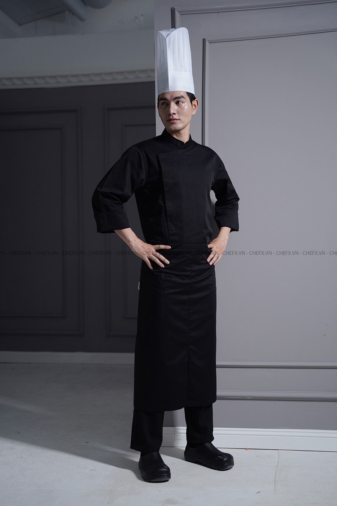 [BT01] ÁO BẾP TRƯỞNG DÀI TAY MÀU ĐEN CÚC BẤM - LONG SLEEVE EXCUTIVE CHEF JACKET BT01 WITH SNAP BUTTONS