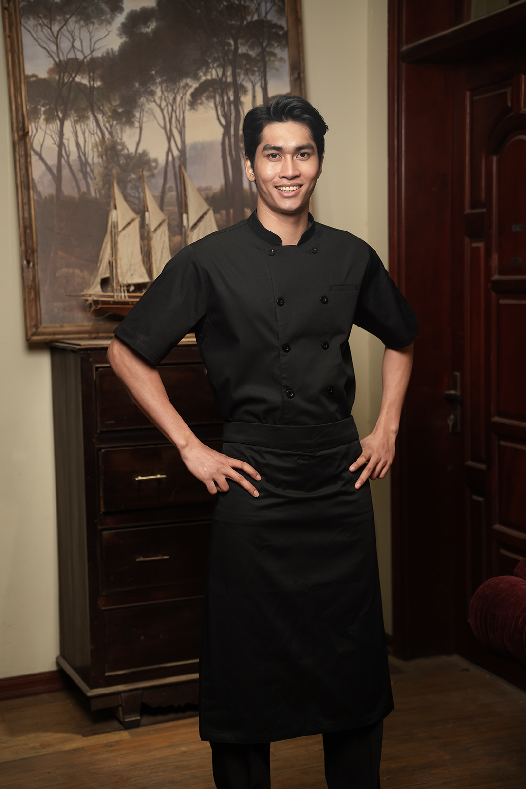 [CHEFX16] ÁO BẾP NGẮN TAY MÀU ĐEN CÚC CÀI - BLACK SHORT-SLEEVE CHEF JACKET WITH BUTTON CLOSURE