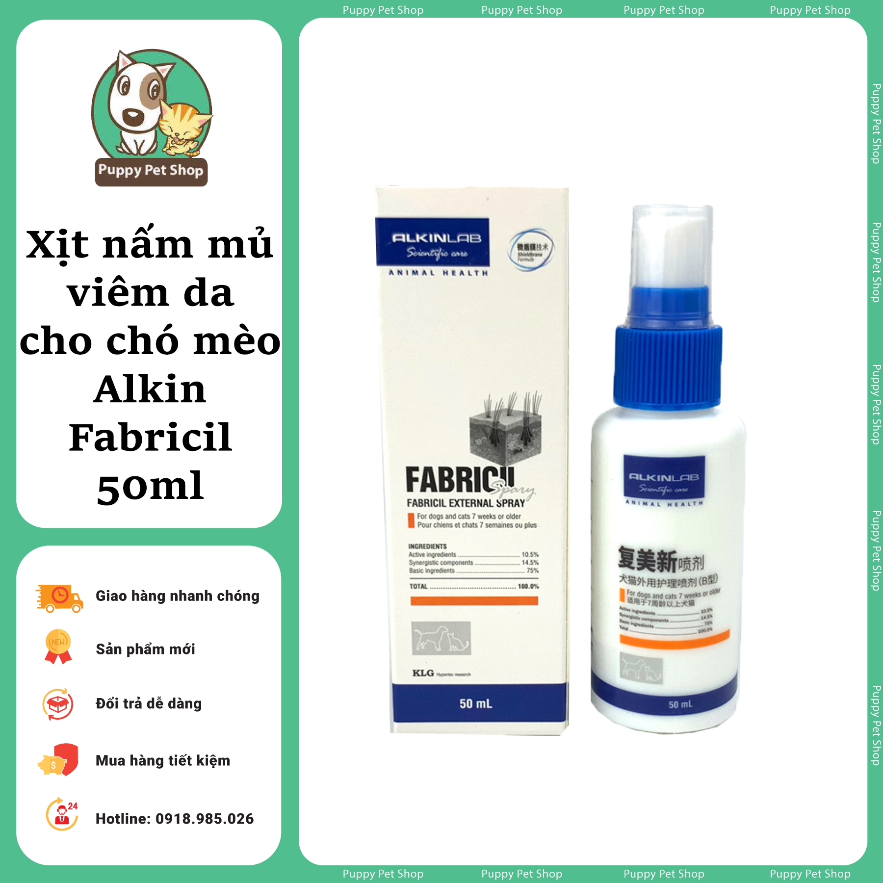 Xịt nấm mủ, viêm da cho chó mèo Alkin Fabricil 50ml Puppy Pet Shop Xịt nấm mủ, viêm da cho chó mèo Alkin Fabricil 50ml Puppy Pet Shop