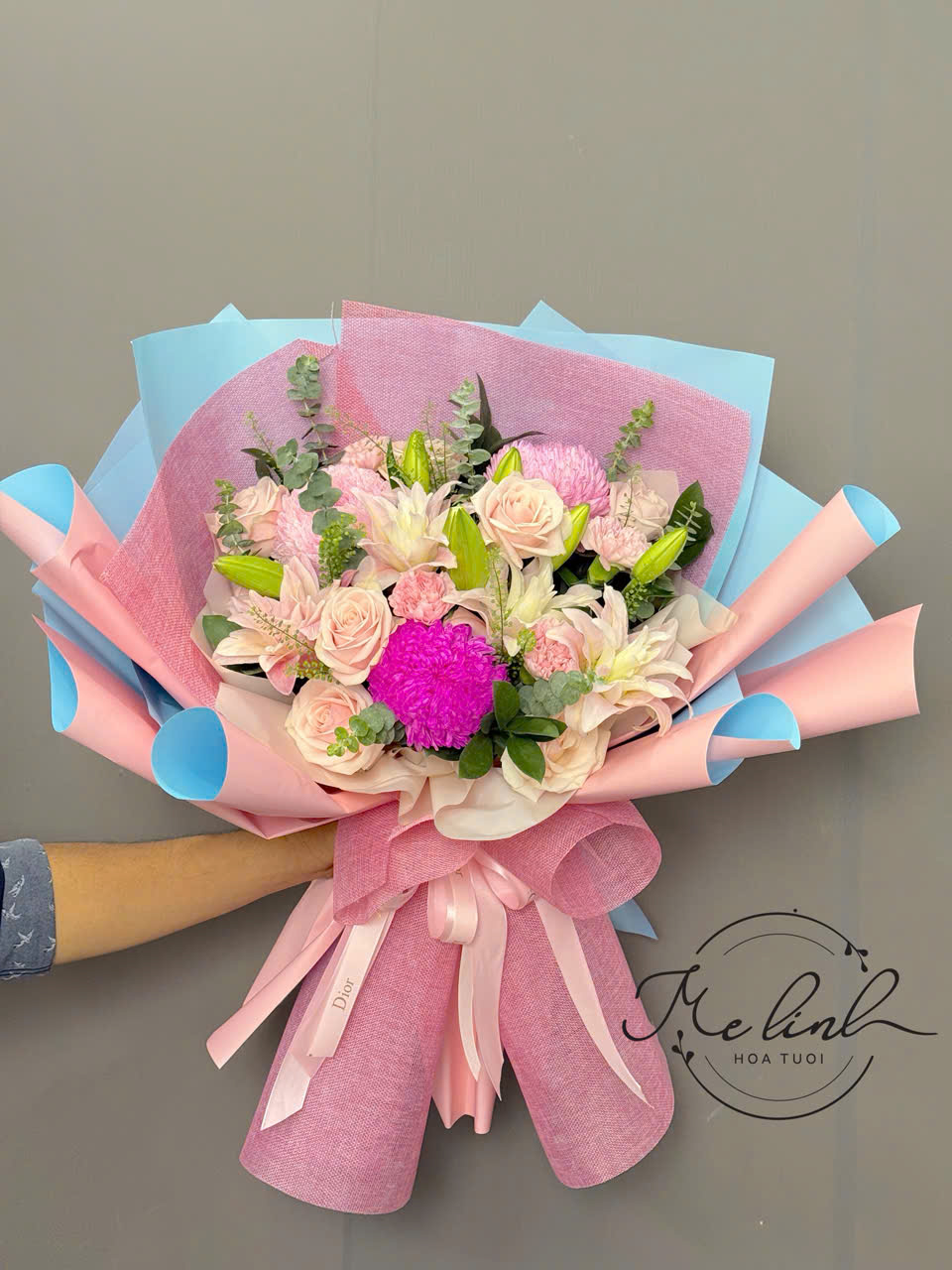Bó hoa mix cúc mẫu đơn ly kép