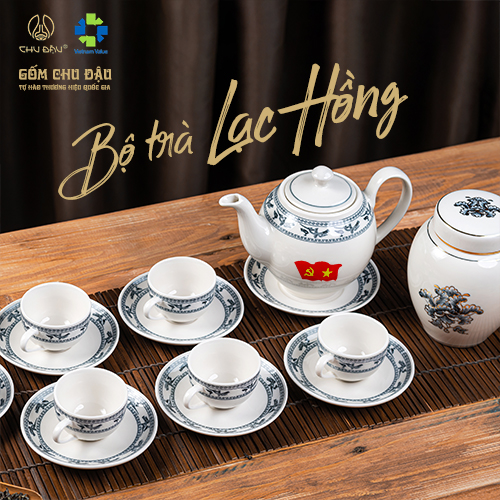 BỘ ẤM CHÉN GỐM CHU ĐẬU VẼ CẢNH ĐỒNG QUÊ TRUYỀN THỐNG