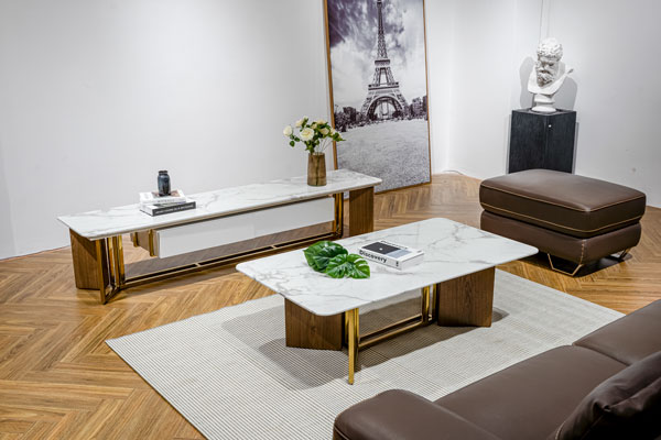 Bộ đôi bàn trà kệ tivi mặt đá marble cao cấp nhập khẩu