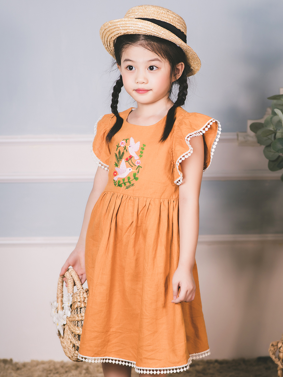 Áo đầm linen vàng mù tạt bé gái thêu chim én - Mustard Linen ...