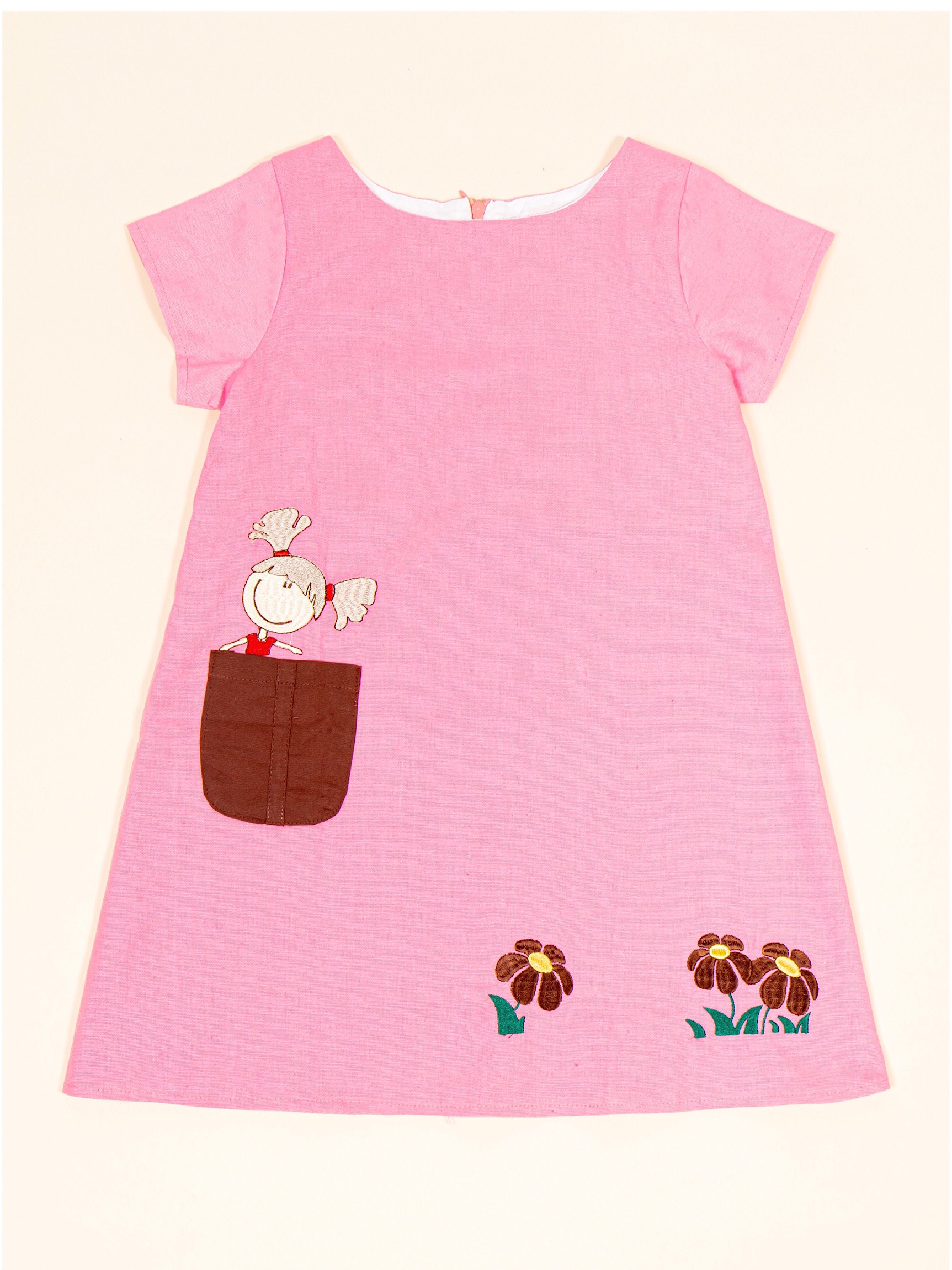 Áo Đầm bé gái Hồng thêu cô gái - Pink Linen Embroidered Kid Dress ...