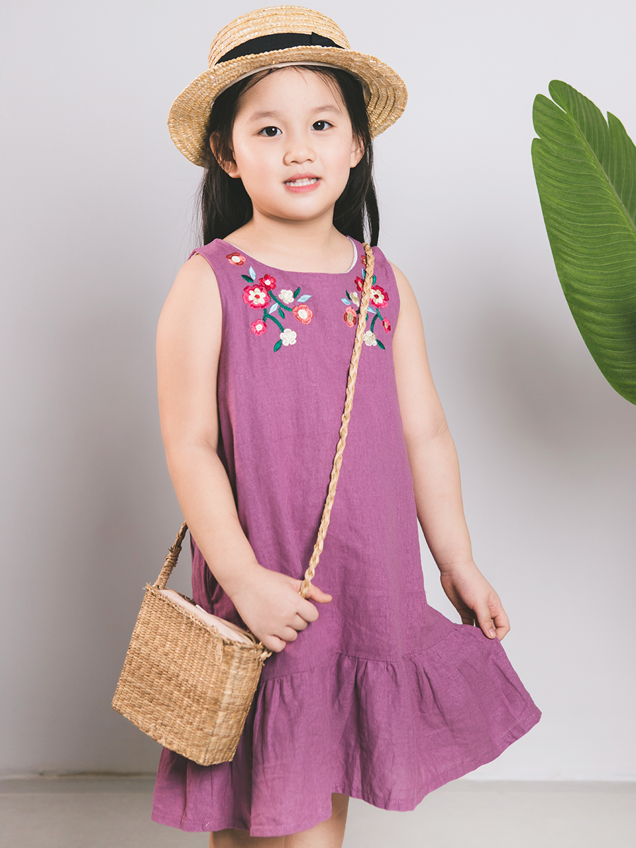 Violet Floral Embroidered Linen Kid Dress - Áo đầm linen tím bé ...