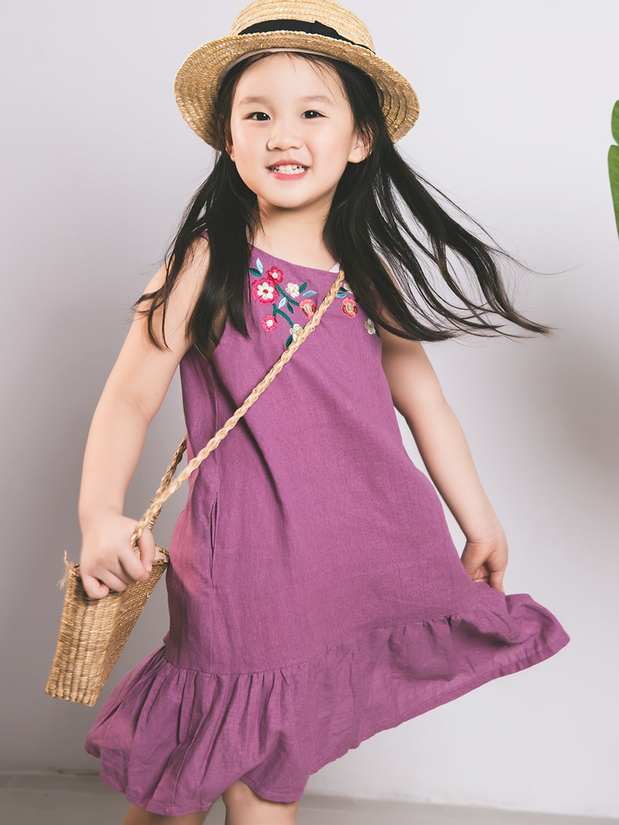 Violet Floral Embroidered Linen Kid Dress - Áo đầm linen tím bé ...