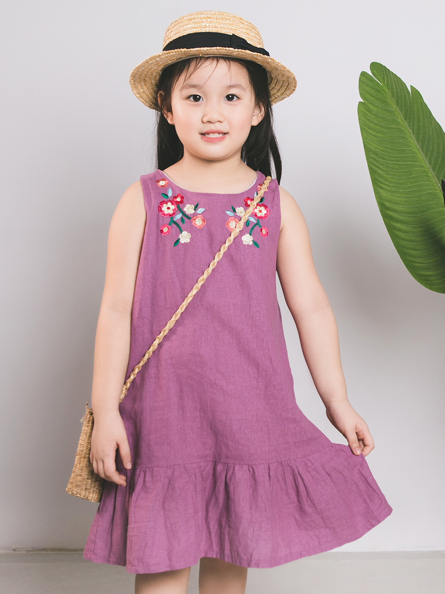 Violet Floral Embroidered Linen Kid Dress - Áo đầm linen tím bé ...