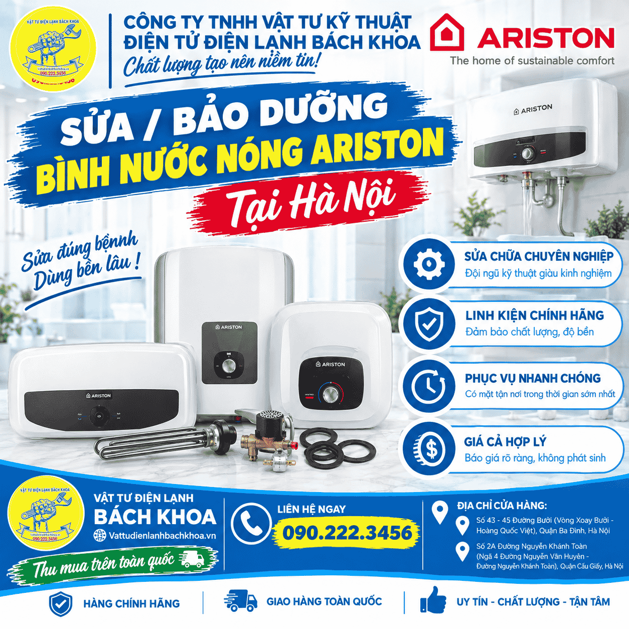 Địa chỉ Sửa/Bảo dưỡng Bình nước nóng Ariston tại Hà Nội 0902223456