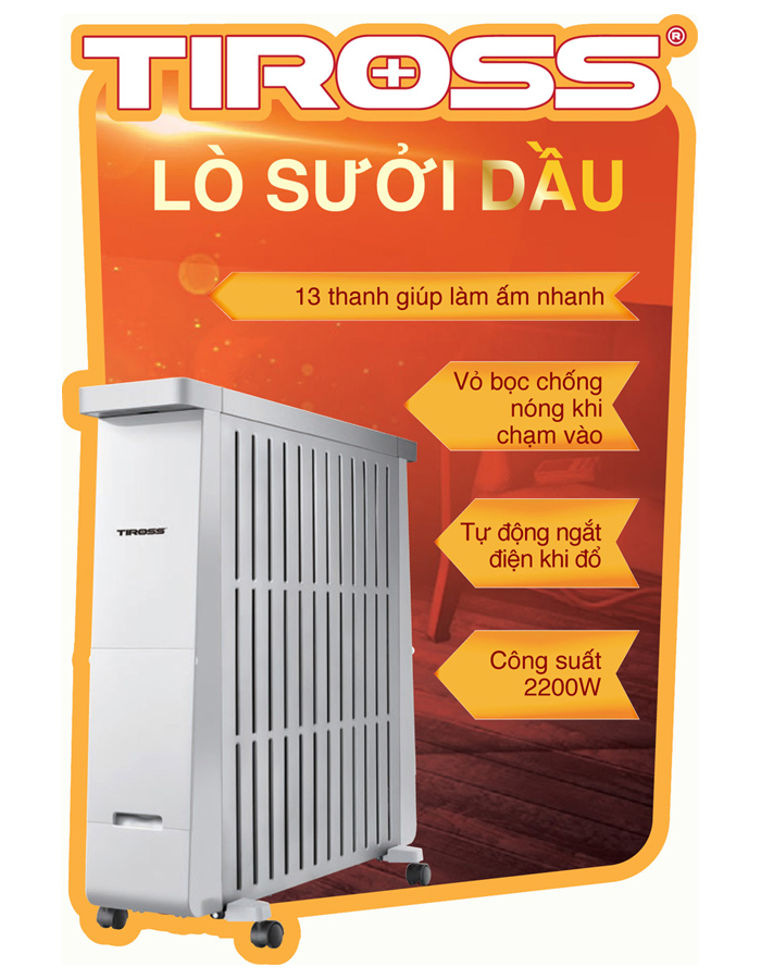 Máy sưởi dầu 13 thanh Tiross TS9216, màn hình LED, hẹn giờ, giá phơi