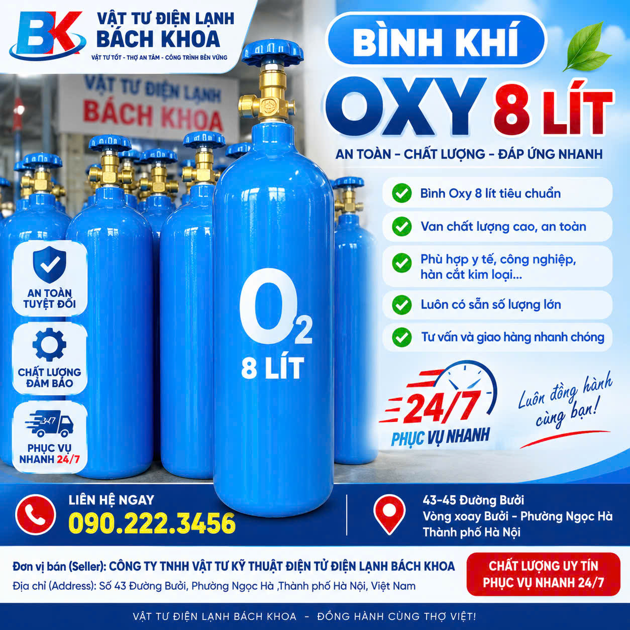 Bình khí Oxy 8 lít chính hãng tại Hà Nội – Vật tư điện lạnh Bách Khoa