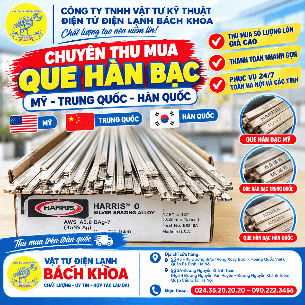 Thu mua que hàn bạc Mỹ – Trung Quốc – Hàn Quốc tại Hà Nội và toàn quốc 0902223456
