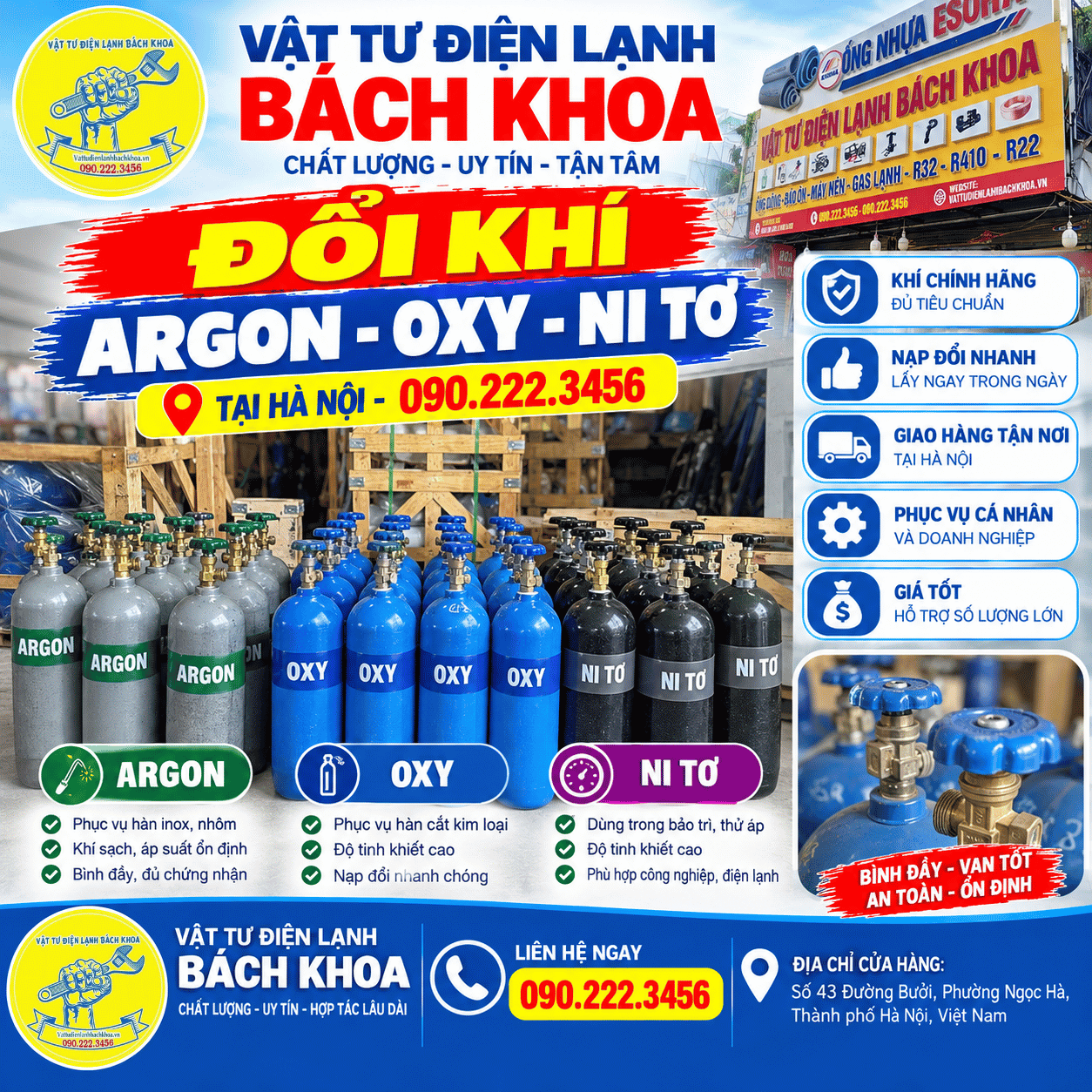 Vật Tư Điện Lạnh Bách Khoa - Cửa hàng đổi khí Argon, Oxy, Ni tơ tại Hà Nội 0902223456
