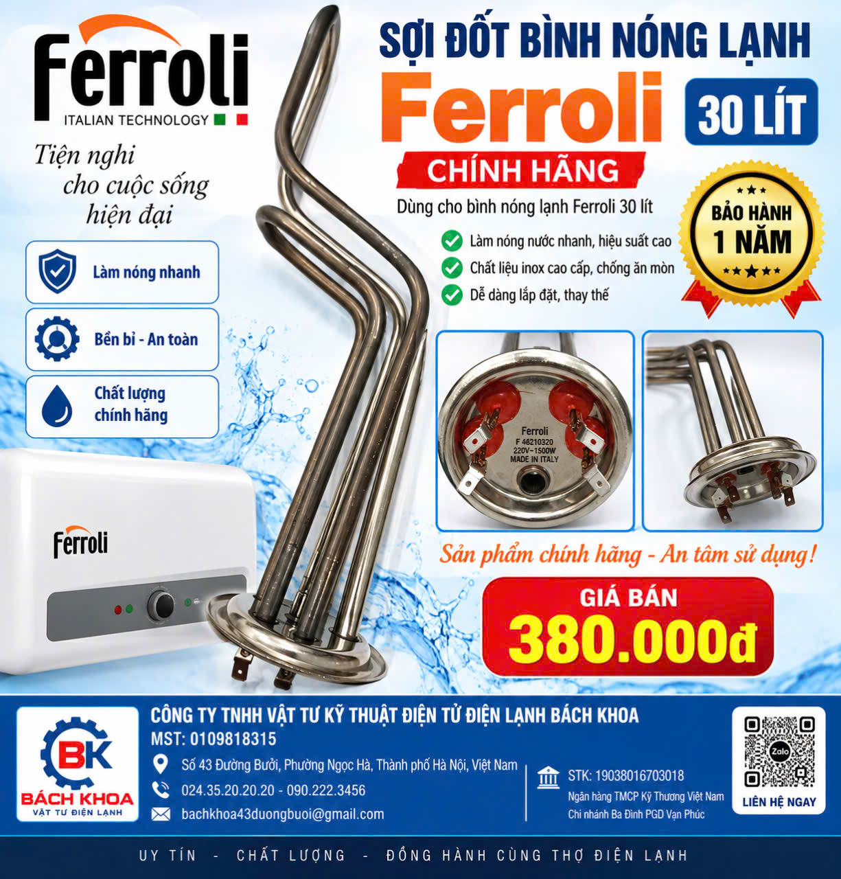 Sợi đốt bình nóng lạnh Ferroli 30 Lít chính hãng